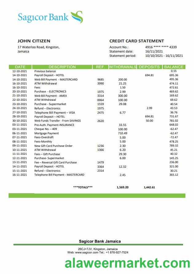 Jamaica Sagicor Bank statement